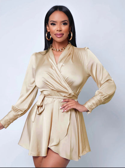 Women's beige satin wrap dress - Versaty Dress by CRO Store